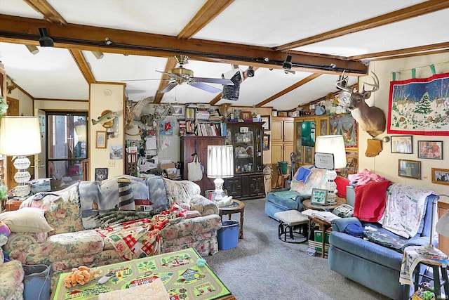 5462/5550 Patricksburg Rd, Spencer, IN 47460 - living room with carpet, ceiling fan, and vaulted ceiling