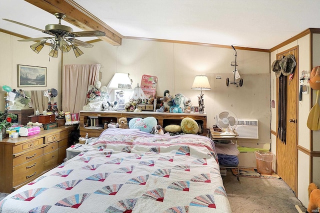 5462/5550 Patricksburg Rd, Spencer, IN 47460 - carpeted bedroom featuring crown molding, ceiling fan, a wall mounted air conditioner, and beam ceiling