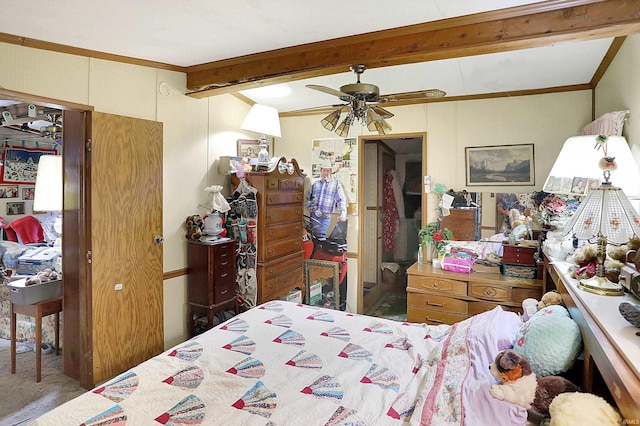 5462/5550 Patricksburg Rd, Spencer, IN 47460 - bedroom with beamed ceiling, ornamental molding, carpet flooring, and ceiling fan