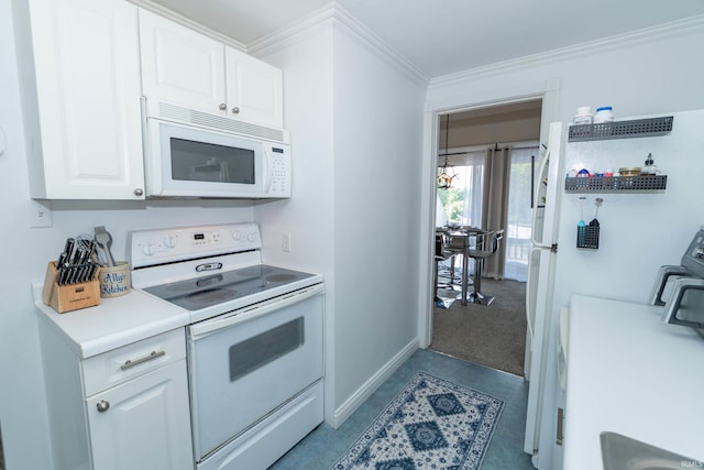 18199 Stoneridge St Apt A, South Bend, IN 46637 - kitchen featuring white appliances, crown molding, white cabinetry, and light countertops