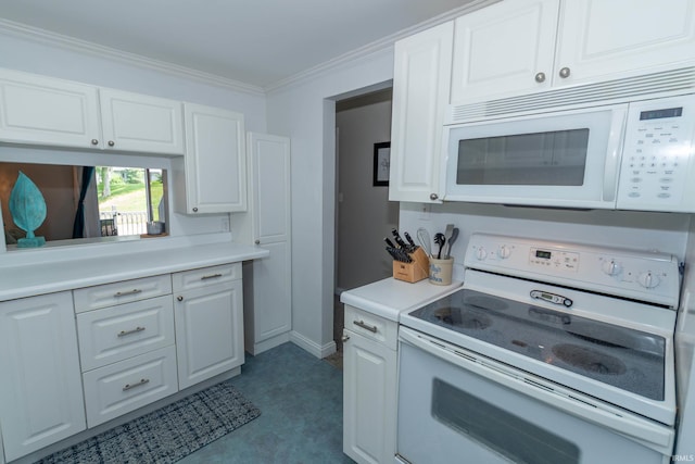 18199 Stoneridge St Apt A, South Bend, IN 46637 - kitchen featuring white appliances, light countertops, white cabinets, and crown molding
