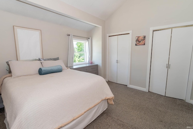 18199 Stoneridge St Apt A, South Bend, IN 46637 - bedroom featuring two closets, vaulted ceiling, and light colored carpet