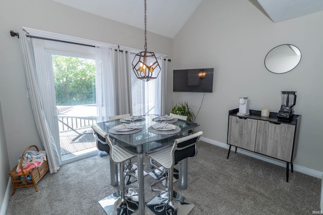 18199 Stoneridge St Apt A, South Bend, IN 46637 - dining area featuring a chandelier, carpet, and lofted ceiling