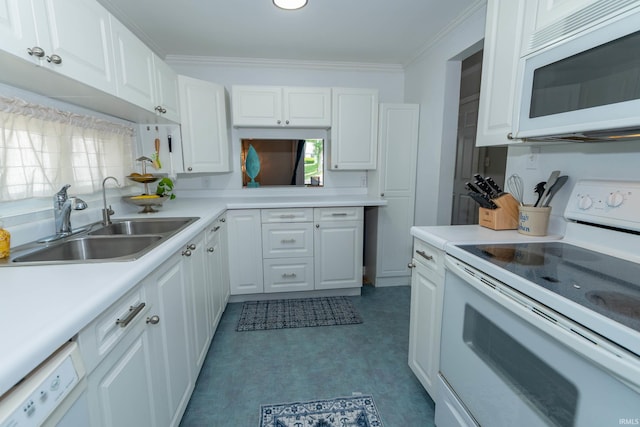 18199 Stoneridge St Apt A, South Bend, IN 46637 - kitchen with white appliances, white cabinets, light countertops, and ornamental molding