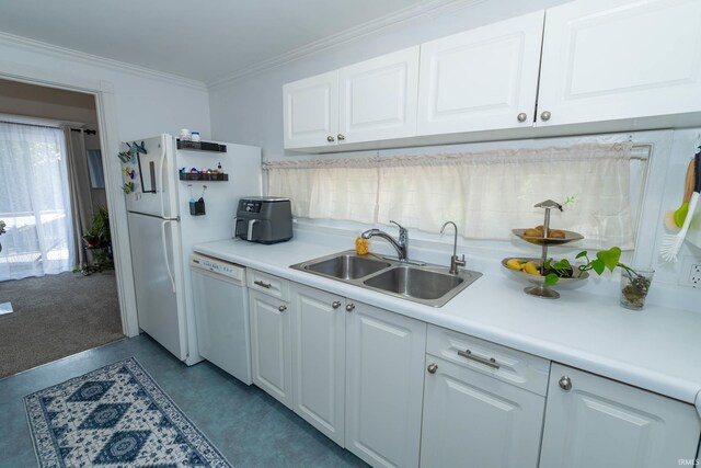 18199 Stoneridge St Apt A, South Bend, IN 46637 - kitchen with white appliances, white cabinets, light countertops, and ornamental molding