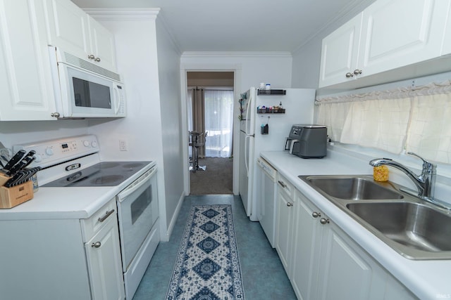 18199 Stoneridge St Apt A, South Bend, IN 46637 - kitchen with white appliances, white cabinets, crown molding, and light countertops
