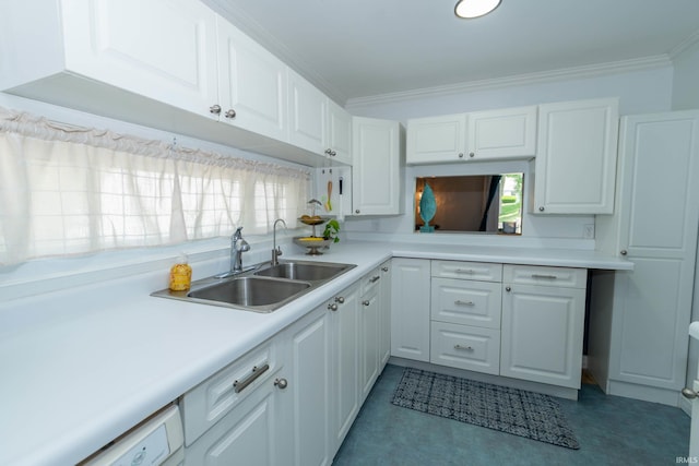 18199 Stoneridge St Apt A, South Bend, IN 46637 - kitchen featuring white cabinets, light countertops, crown molding, and dishwasher