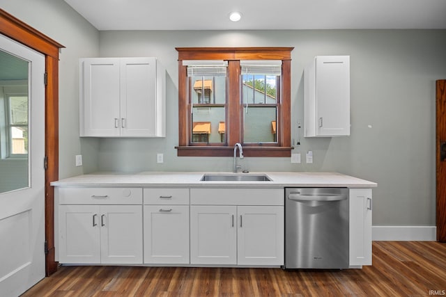 1028 Highland Ave, Lafayette, IN 47905 - kitchen featuring dishwasher, white cabinetry, dark wood-type flooring, light countertops, and recessed lighting