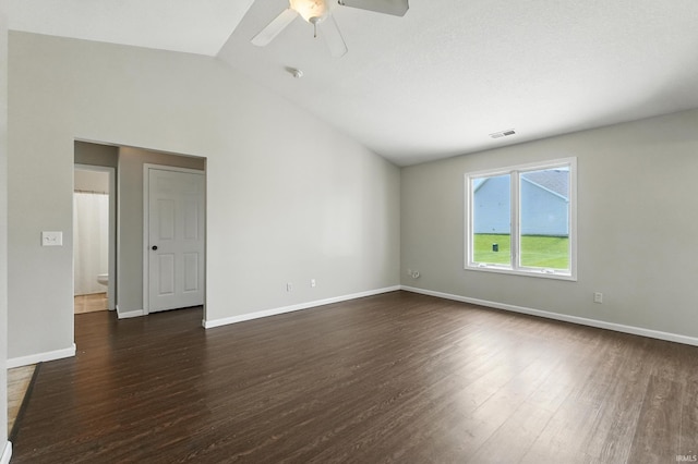 2005 Priscilla Ln, Kendallville, IN 46755 - spare room featuring dark wood-style floors, lofted ceiling, and ceiling fan