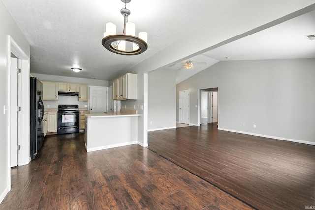 2005 Priscilla Ln, Kendallville, IN 46755 - kitchen featuring black appliances, cream cabinetry, open floor plan, under cabinet range hood, and dark wood-type flooring