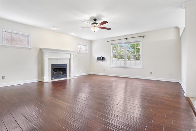 3746 Rolling Rock Dr, Evansville, IN 47711 - unfurnished living room with a ceiling fan, a fireplace, and dark wood-style flooring