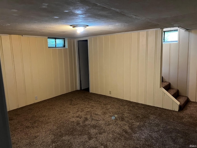 1026 E Wayne St, South Bend, IN 46617 - below grade area with carpet flooring, stairway, wood walls, and a textured ceiling