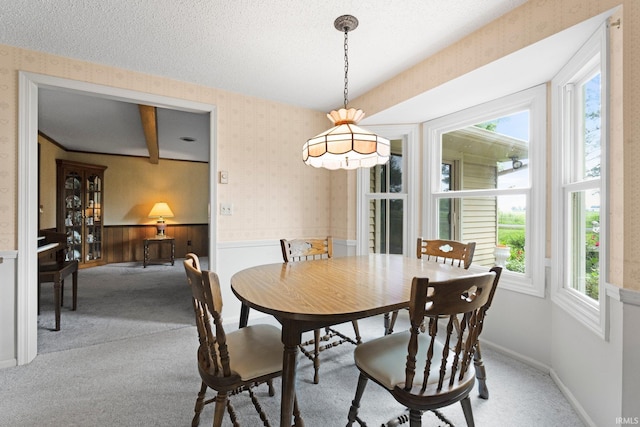 16801 Darling Rd, Woodburn, IN 46797 - carpeted dining room featuring a wainscoted wall, wallpapered walls, and a textured ceiling