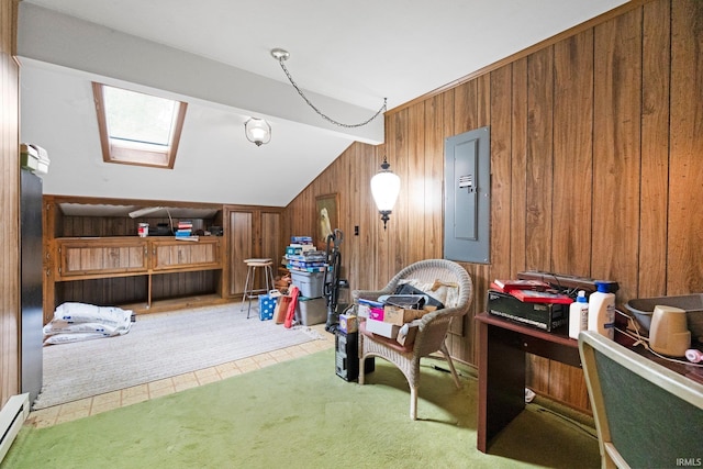 16801 Darling Rd, Woodburn, IN 46797 - additional living space featuring electric panel, wooden walls, vaulted ceiling, a skylight, and carpet
