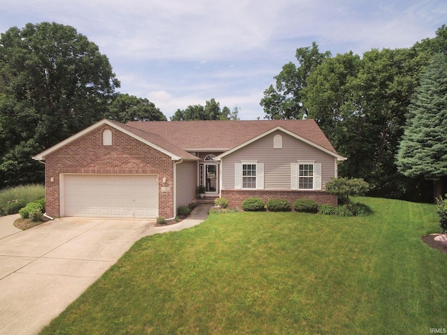 44 Fairfieldview Ct, Lafayette, IN 47905 - ranch-style home with brick siding, a garage, concrete driveway, and a front yard