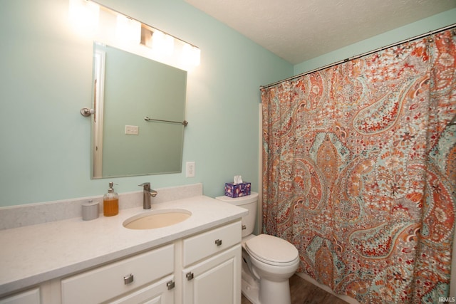 44 Fairfieldview Ct, Lafayette, IN 47905 - bathroom with vanity, a textured ceiling, wood finished floors, and a shower with shower curtain