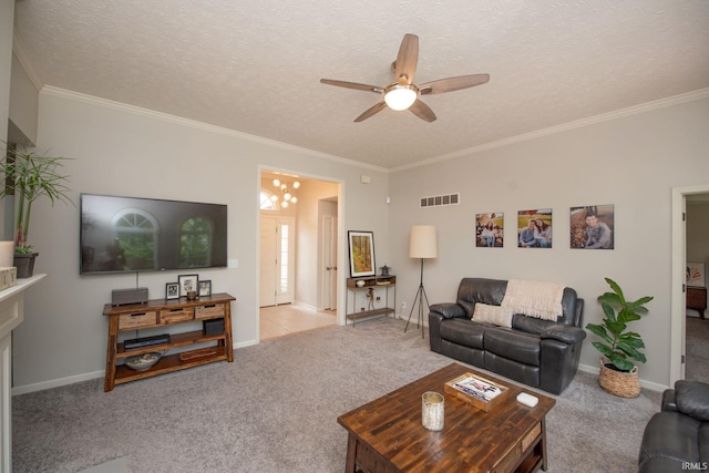 44 Fairfieldview Ct, Lafayette, IN 47905 - living room with ceiling fan, carpet floors, a textured ceiling, and crown molding