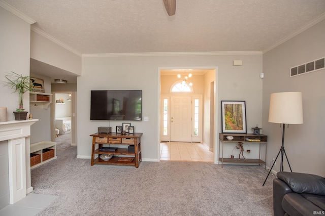 44 Fairfieldview Ct, Lafayette, IN 47905 - living area featuring ornamental molding, carpet floors, a textured ceiling, and a chandelier