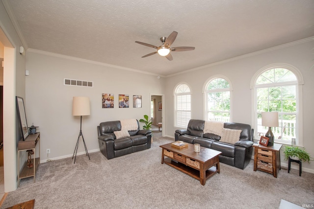 44 Fairfieldview Ct, Lafayette, IN 47905 - living area with ceiling fan, carpet flooring, and ornamental molding