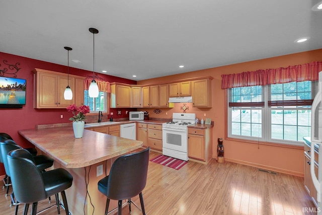 29876 County Road 18th Rd, Elkhart, IN 46517 - kitchen featuring white appliances, under cabinet range hood, a peninsula, a breakfast bar, and light countertops
