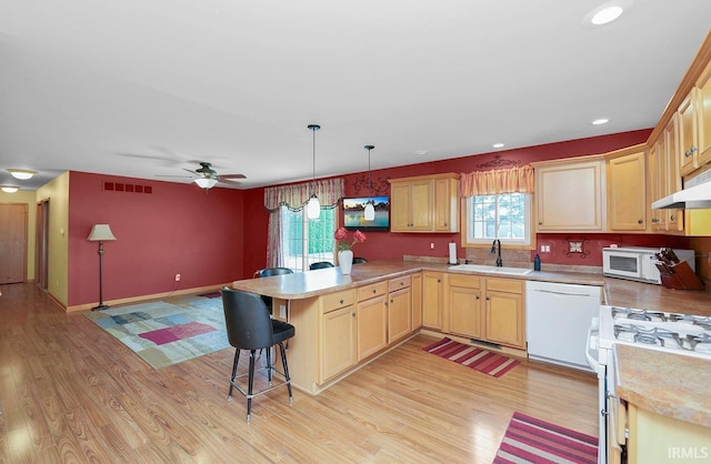 29876 County Road 18th Rd, Elkhart, IN 46517 - kitchen featuring white appliances, a peninsula, under cabinet range hood, plenty of natural light, and recessed lighting
