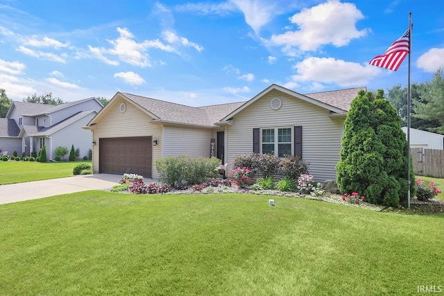 29876 County Road 18th Rd, Elkhart, IN 46517 - ranch-style house with driveway, a garage, a front yard, and a shingled roof