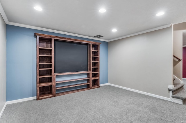 625 Perolla Dr, Fort Wayne, IN 46845 - unfurnished living room with recessed lighting, crown molding, carpet, and stairway