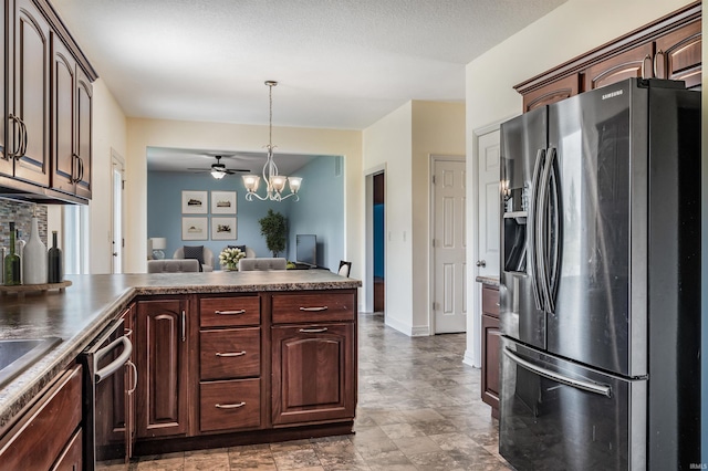 625 Perolla Dr, Fort Wayne, IN 46845 - kitchen featuring fridge with ice dispenser, a chandelier, dark countertops, dishwasher, and dark brown cabinets