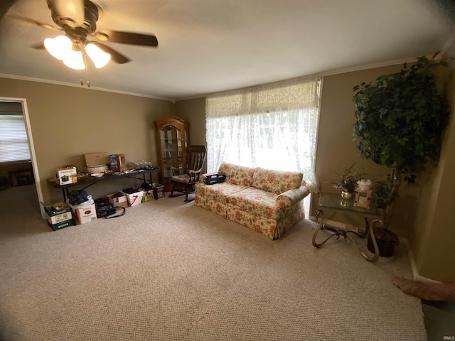 401 College Ave, Winona Lake, IN 46590 - living area featuring a ceiling fan, plenty of natural light, ornamental molding, and carpet flooring