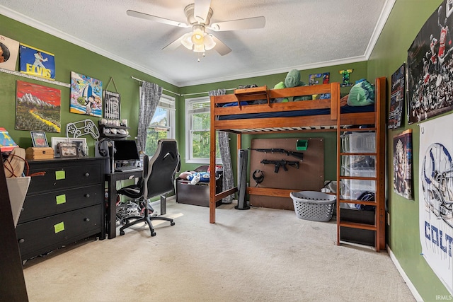 53135 W Cedar Lake Dr, Granger, IN 46530 - bedroom featuring carpet, ornamental molding, a textured ceiling, a ceiling fan, and an office area