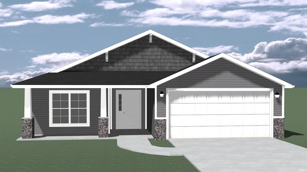575 Lago Ct, Fort Wayne, IN 46818 - craftsman inspired home featuring stone siding, driveway, an attached garage, and a front lawn