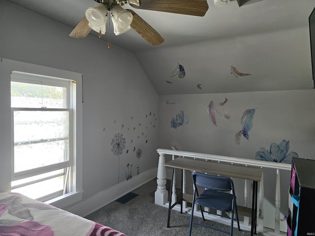 732 Dowling St, Kendallville, IN 46755 - carpeted bedroom featuring multiple windows, vaulted ceiling, and a ceiling fan