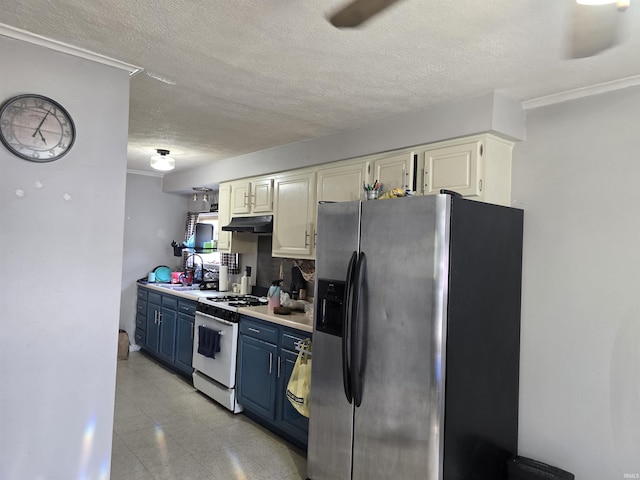 732 Dowling St, Kendallville, IN 46755 - kitchen with stainless steel fridge with ice dispenser, white gas range oven, under cabinet range hood, blue cabinets, and light countertops