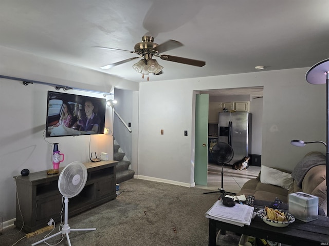 732 Dowling St, Kendallville, IN 46755 - living area with stairs, a ceiling fan, and light colored carpet