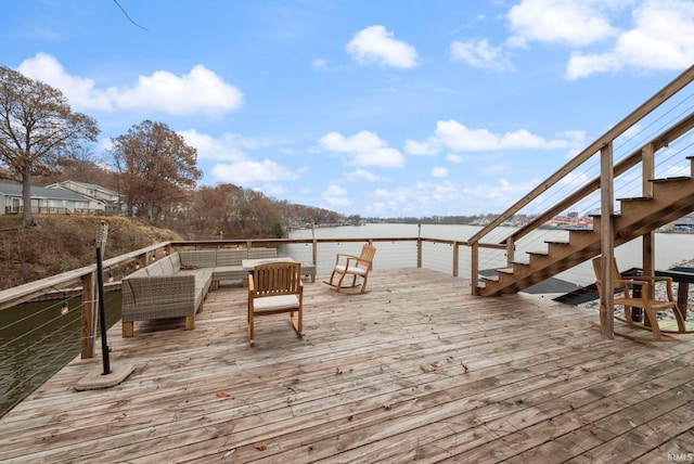 2770 N Baers Ct, Monticello, IN 47960 - wooden terrace with a water view, stairway, and an outdoor living space