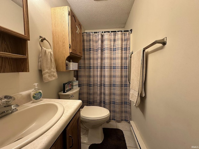 15908 Walnut St, Huntertown, IN 46748 - bathroom with a textured ceiling, vanity, tile patterned floors, baseboard heating, and a shower with shower curtain