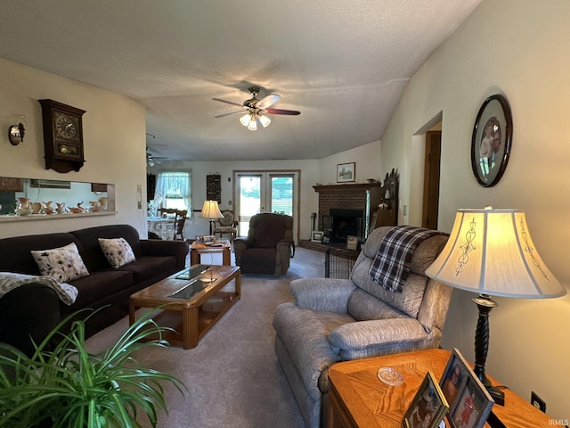 15908 Walnut St, Huntertown, IN 46748 - carpeted living room featuring ceiling fan and a brick fireplace