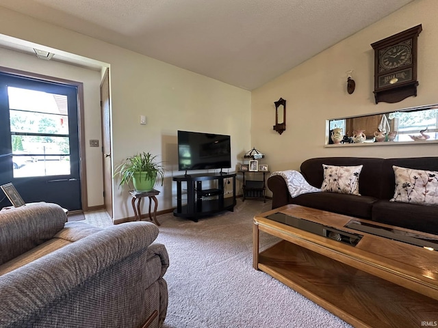 15908 Walnut St, Huntertown, IN 46748 - living room featuring carpet flooring and vaulted ceiling