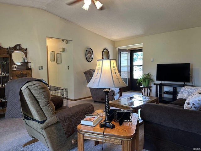 15908 Walnut St, Huntertown, IN 46748 - living room with carpet floors, ceiling fan, and vaulted ceiling