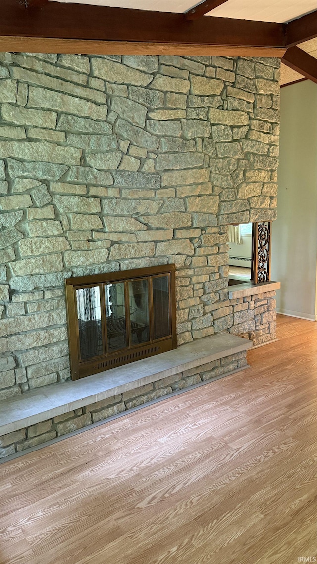 96 Greenwood Retreat Rd, Bedford, IN 47421 - detailed view of a fireplace, wood finished floors, and a baseboard radiator