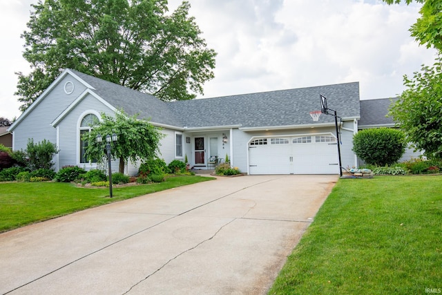 22885 Stonebrier Dr, Elkhart, IN 46514 - ranch-style house with an attached garage, driveway, a front lawn, and roof with shingles