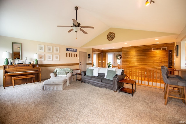22885 Stonebrier Dr, Elkhart, IN 46514 - living area featuring a ceiling fan, carpet flooring, and high vaulted ceiling