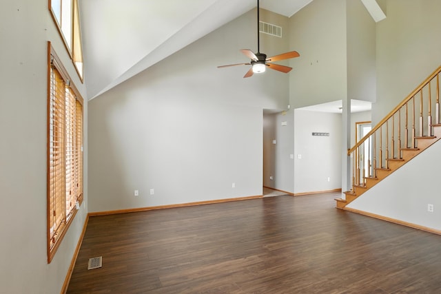 5130 Windy Knoll Ct, Fort Wayne, IN 46809 - unfurnished living room featuring a high ceiling, wood finished floors, a ceiling fan, and stairway