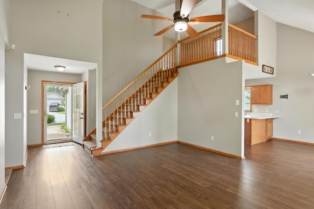 5130 Windy Knoll Ct, Fort Wayne, IN 46809 - entryway with high vaulted ceiling, ceiling fan, dark wood-type flooring, and stairs