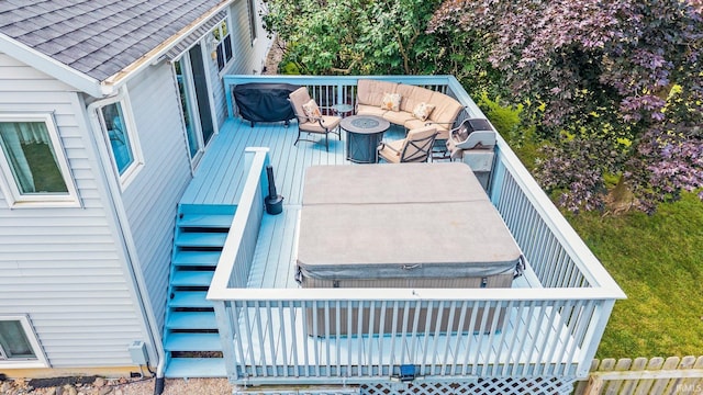 11301 Clarendon Pass, Fort Wayne, IN 46845 - wooden deck featuring outdoor lounge area, stairs, and a covered hot tub