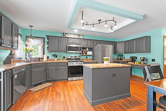 11301 Clarendon Pass, Fort Wayne, IN 46845 - kitchen with stainless steel appliances, light wood-style flooring, a raised ceiling, and a center island