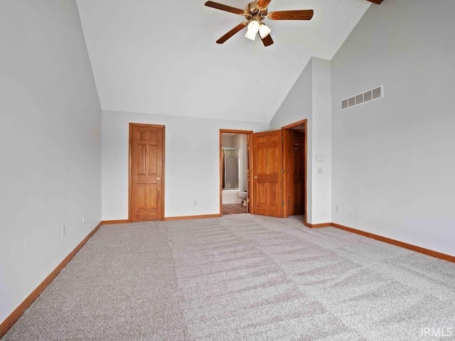 624 Diamond Point Pl, Fort Wayne, IN 46804 - unfurnished bedroom with carpet floors, high vaulted ceiling, ensuite bath, and ceiling fan