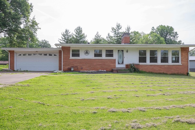 7811 Meadowview Dr, Evansville, IN 47710 - single story home with brick siding, a garage, a front yard, and a chimney