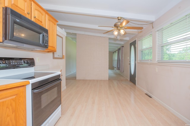 7811 Meadowview Dr, Evansville, IN 47710 - kitchen featuring electric range oven, black microwave, light wood-type flooring, beamed ceiling, and a ceiling fan