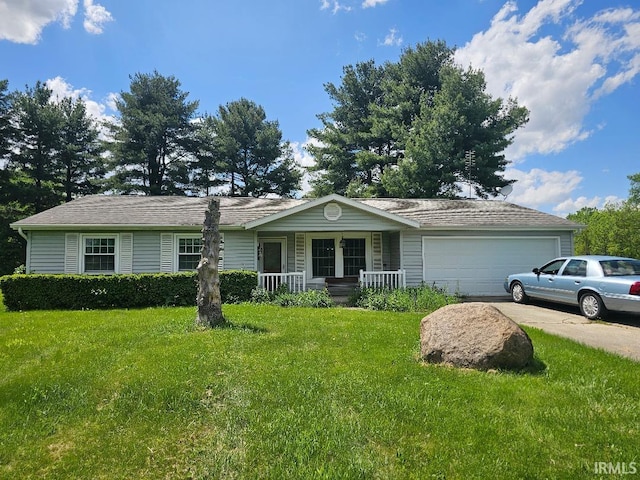 5924 S 300 E 57 Rd, Churubusco, IN 46723 - ranch-style home with a porch, an attached garage, a front lawn, and driveway